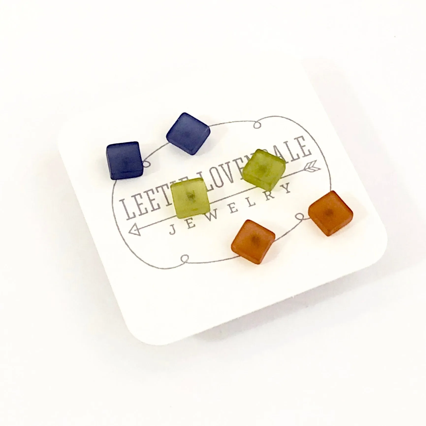 Blue Green & Brown Frosted Minimalist Mod Square Stud Earrings Set