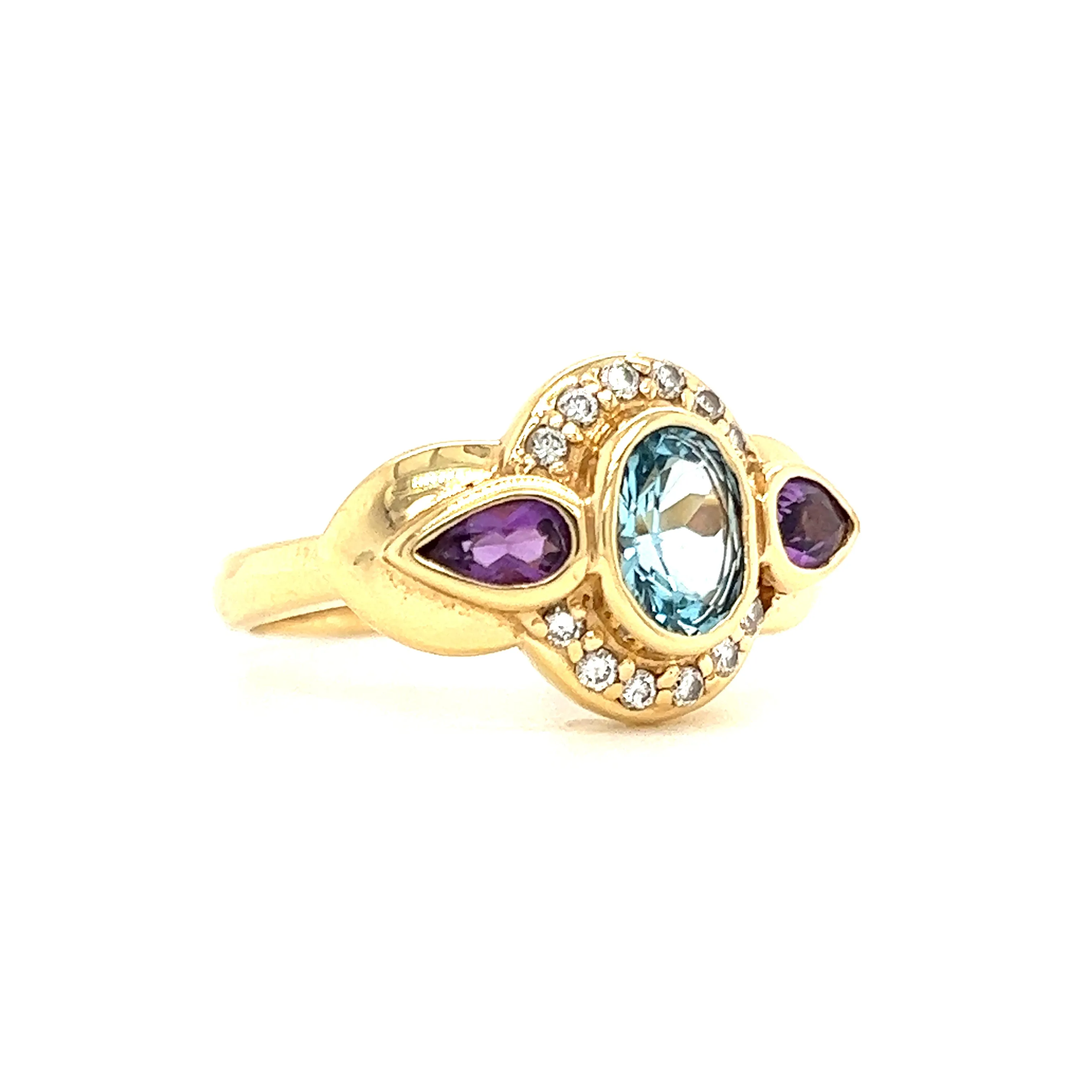 Blue Topaz Ring with Side Amethysts and Diamonds in 14K Yellow Gold