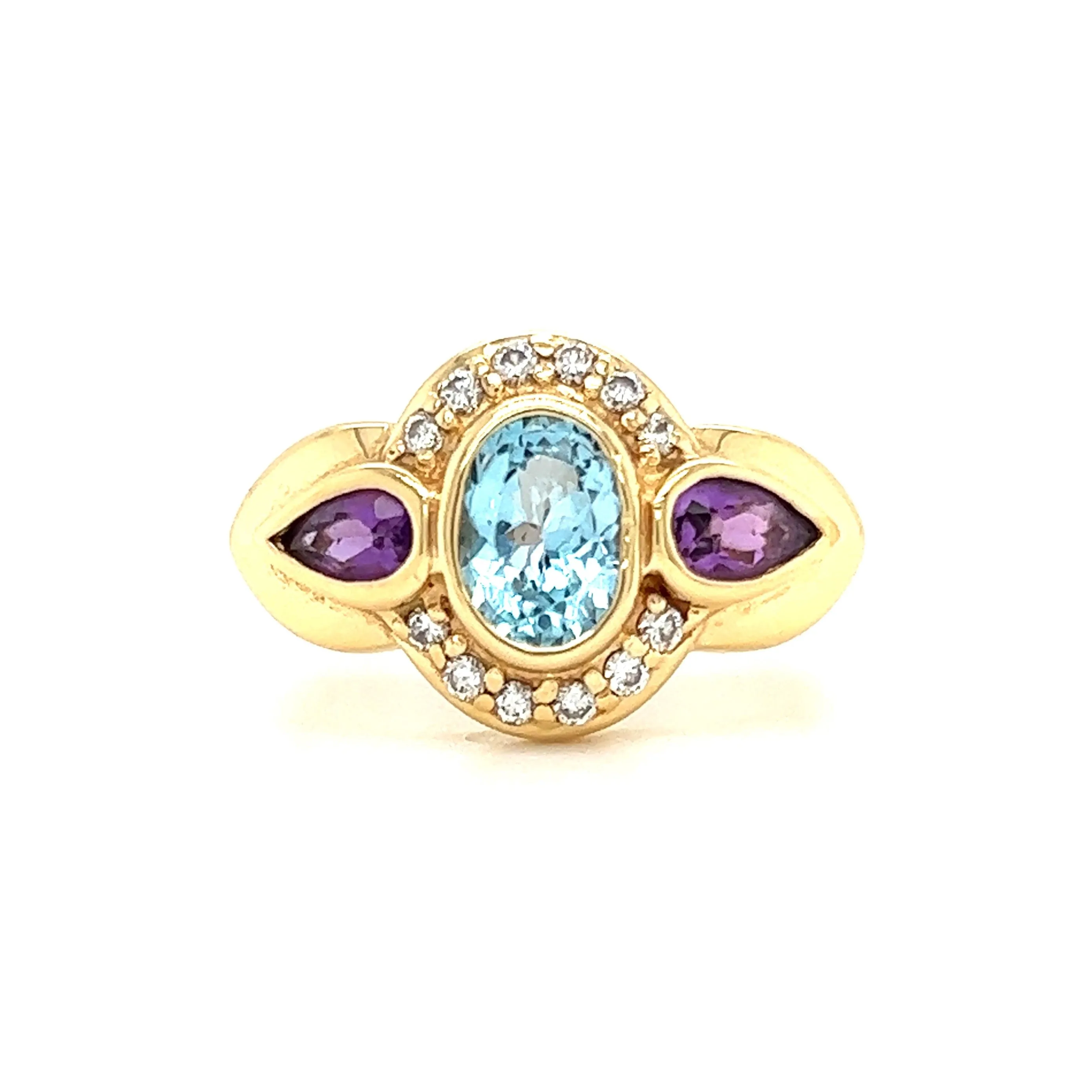 Blue Topaz Ring with Side Amethysts and Diamonds in 14K Yellow Gold