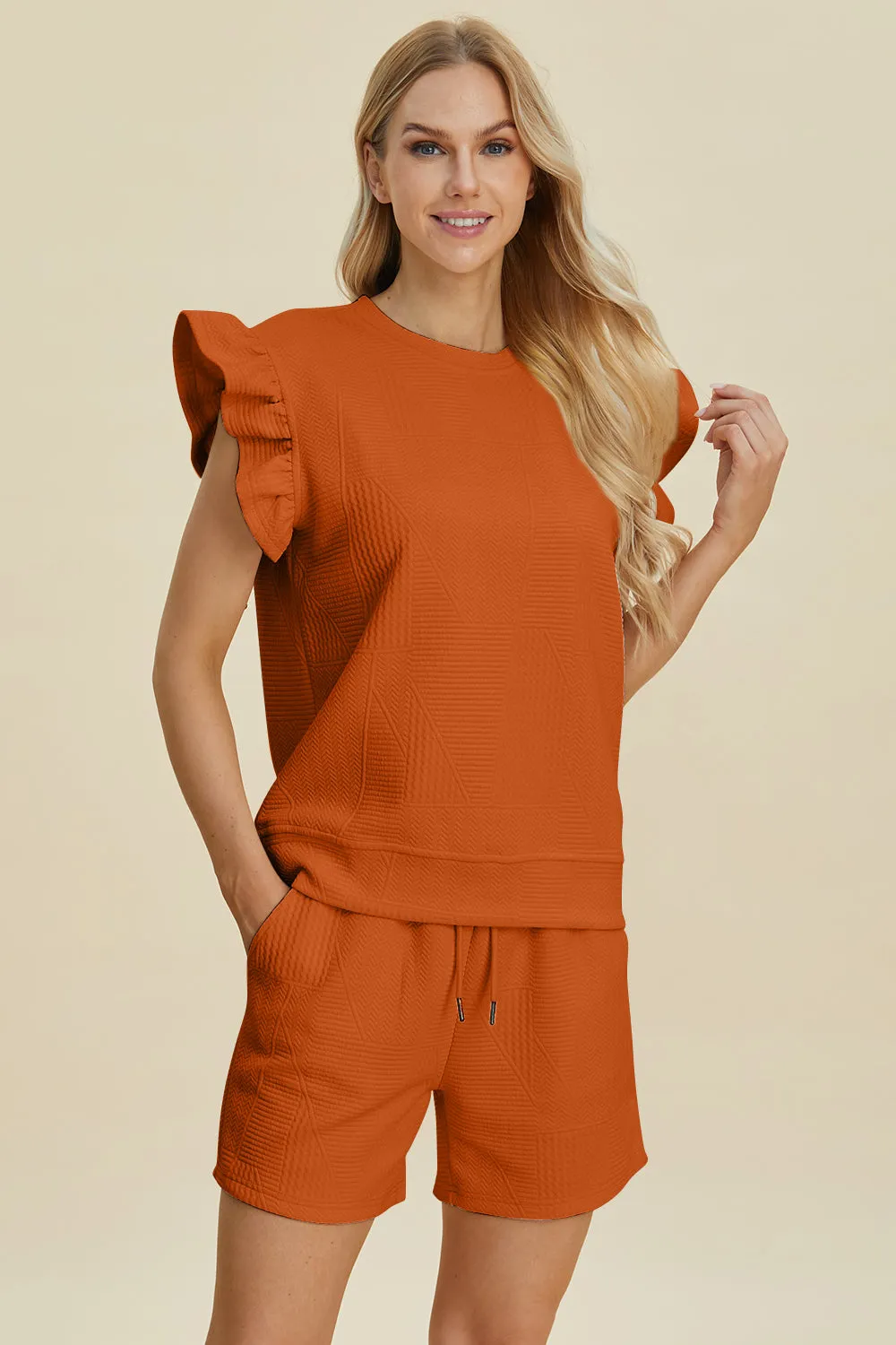 Boujie Babe Full Size Texture Round Neck Ruffle Sleeve Top and Shorts Set *3 Colors*