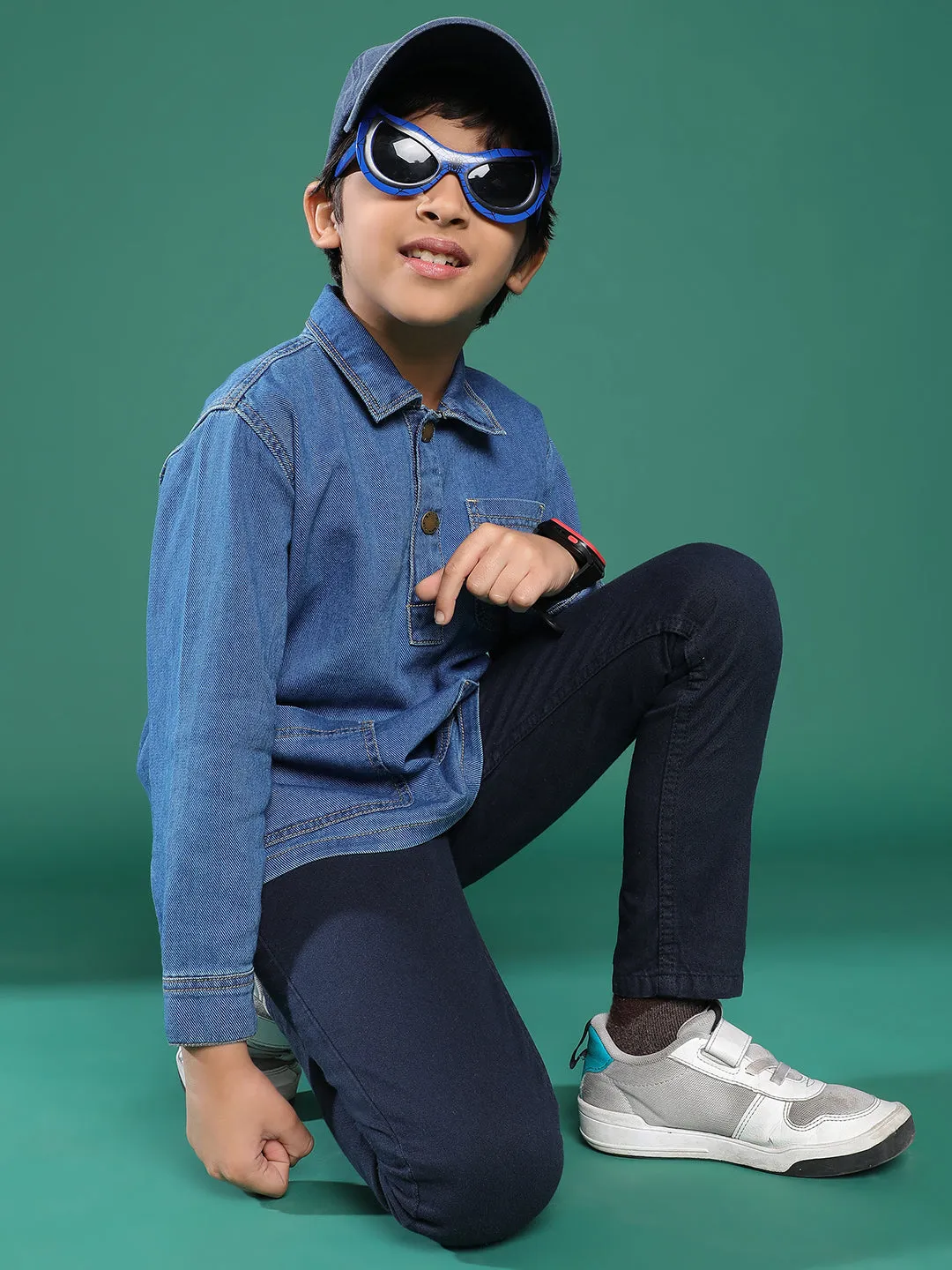 Boys Blue Solid Cotton Shirt