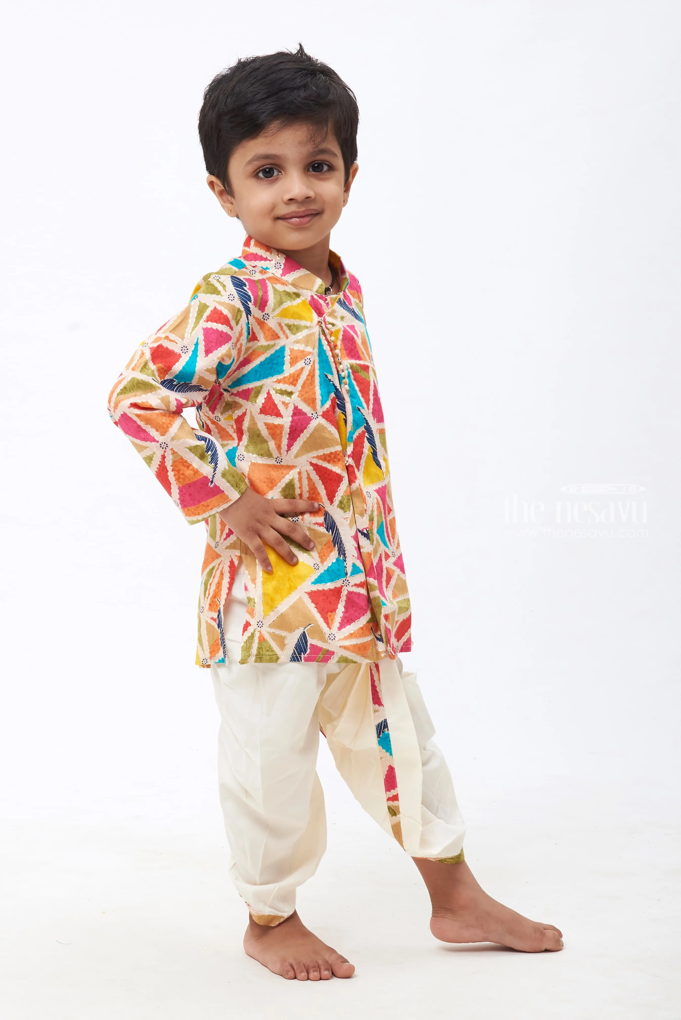 Boys Vibrant Geometric Kurta with Pristine White Dhoti - Colorful Festive Wear