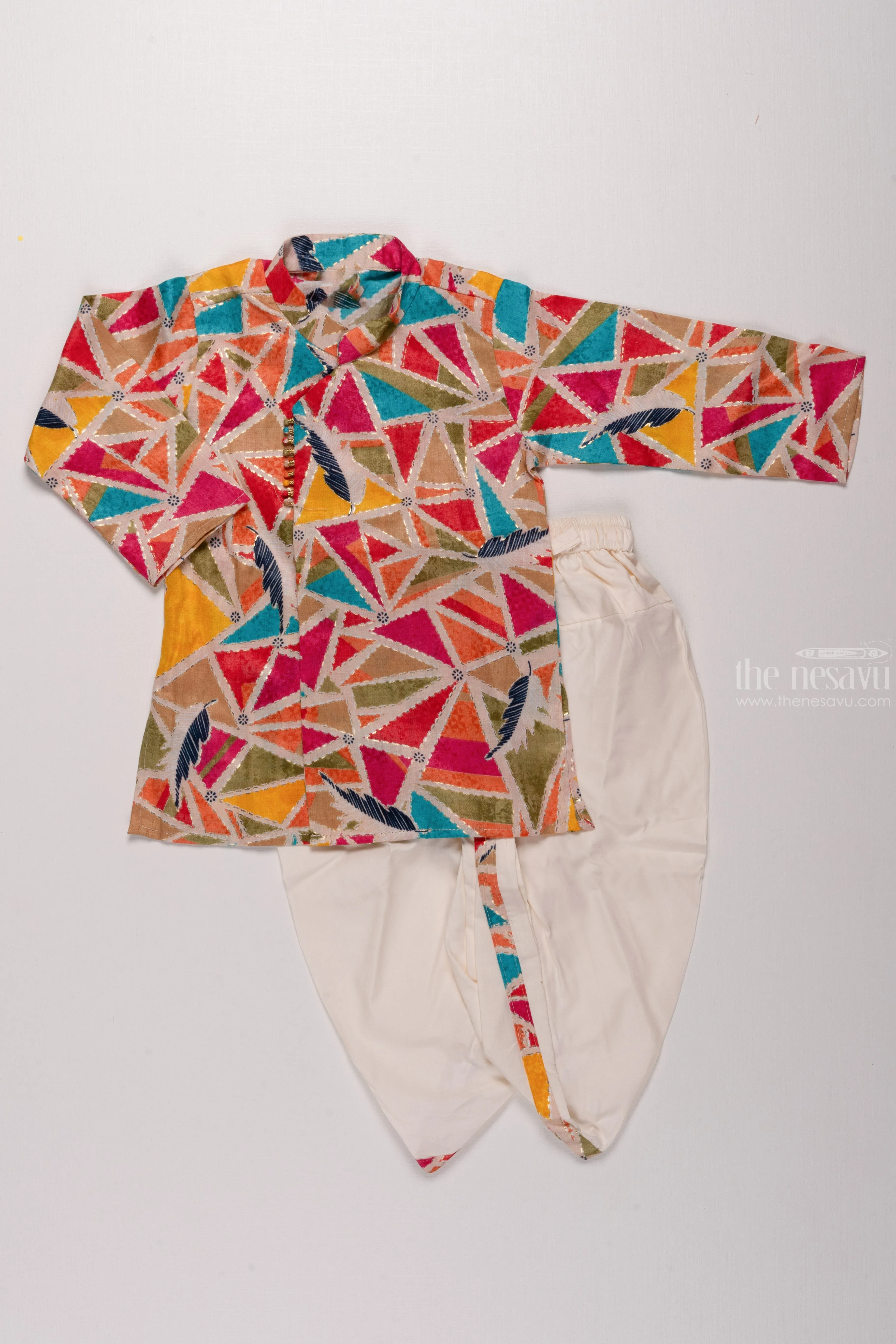 Boys Vibrant Geometric Kurta with Pristine White Dhoti - Colorful Festive Wear