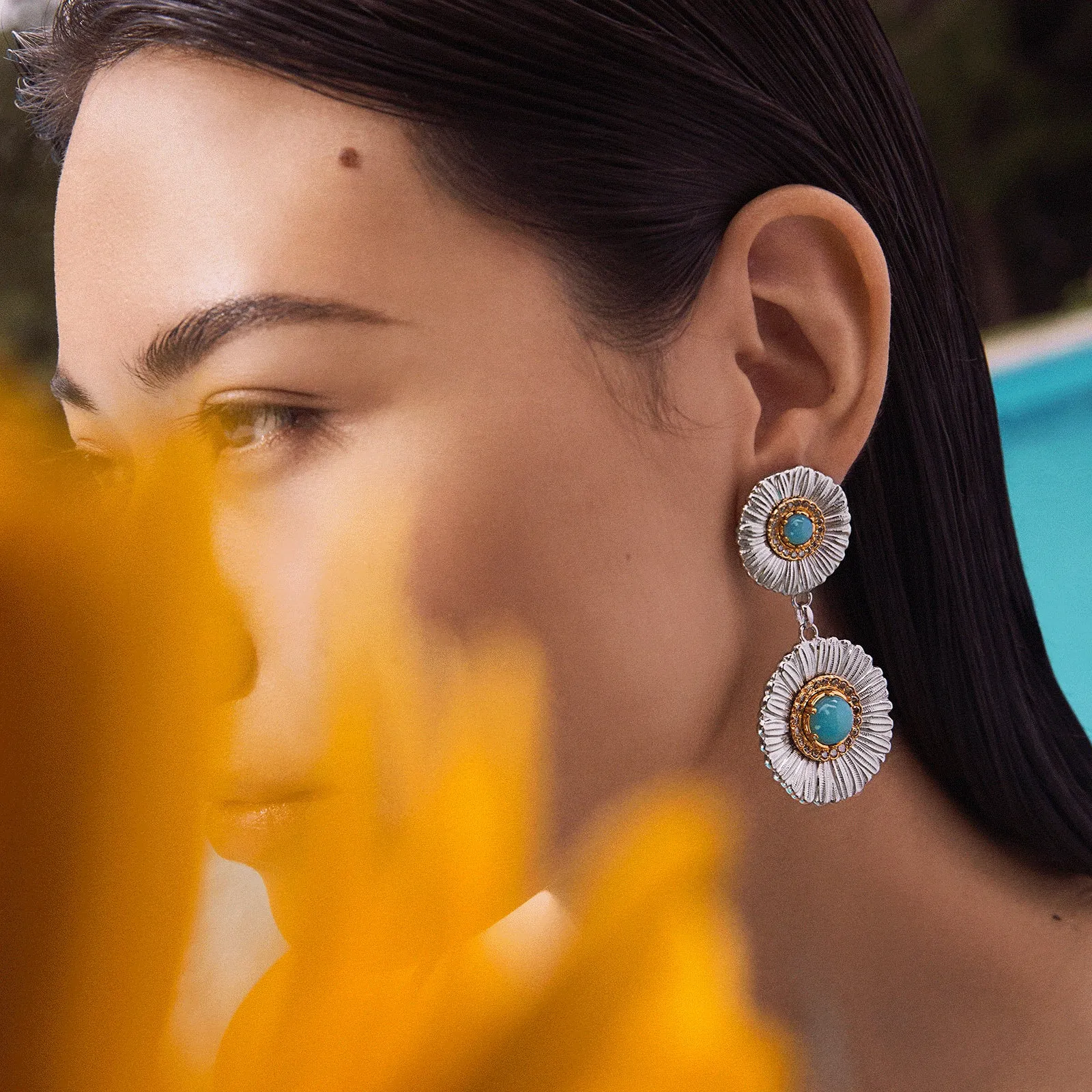 Buccellati - Blossoms Colour - Button Earrings, Sterling Silver with Light Blue Agate, Diamonds, and Gold Accents