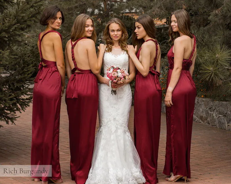 Burgundy Mismatched Soft Satin Backless Sits Long Sheath Bridesmaid Dress, WGM034