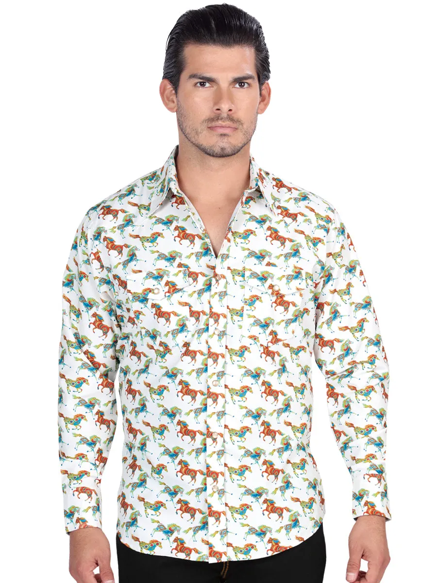 Camisa Casual Manga Larga Estampada Blanco para Hombre 'El General' - ID: 44313