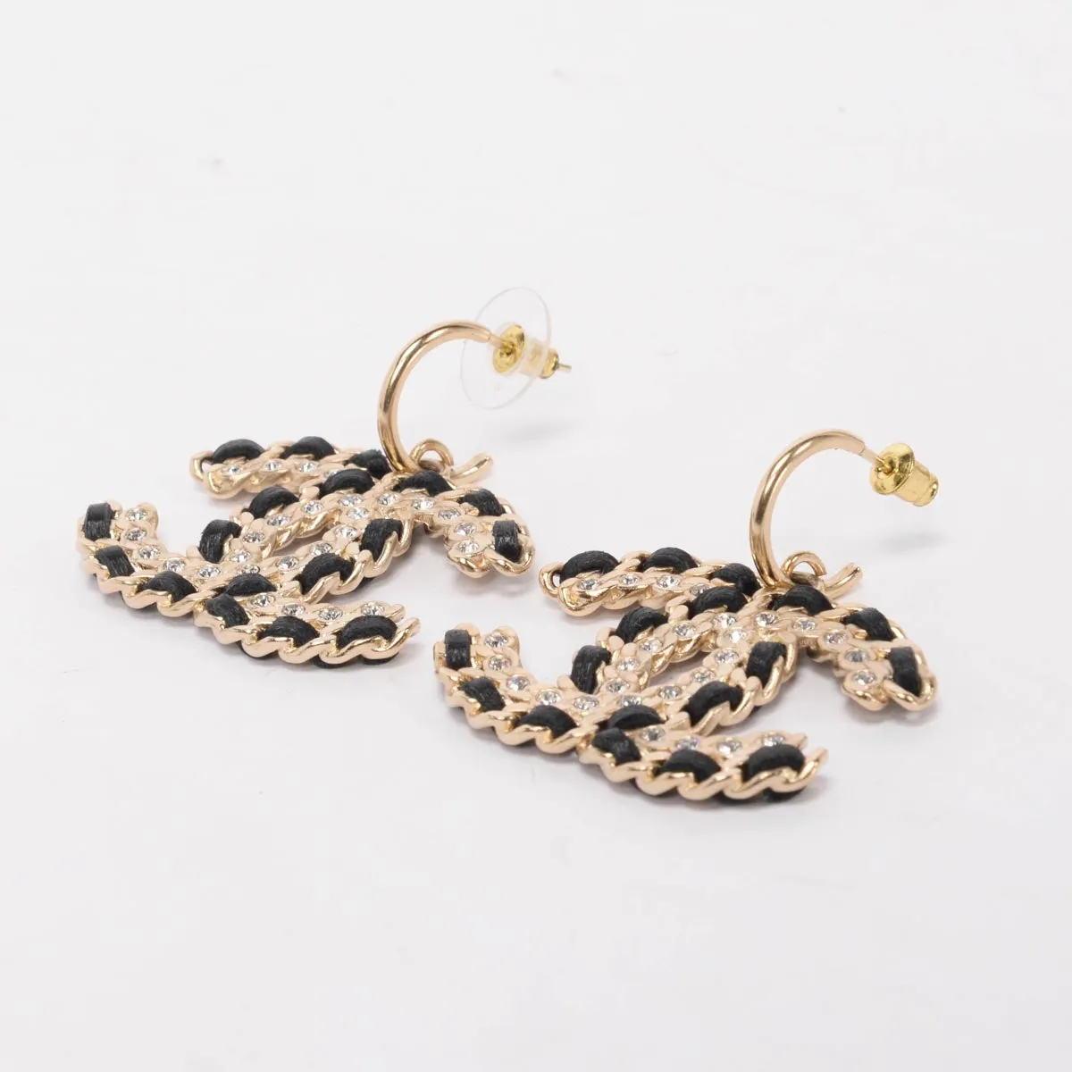 Chanel Black & Gold Crystal CC Drop Earrings