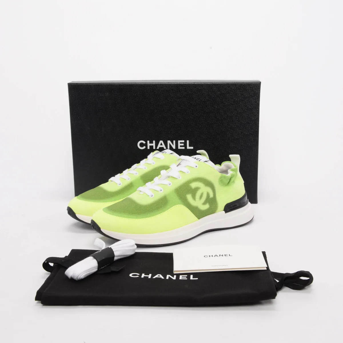 Chanel Fluro Green Denim CC Sneakers 39.5