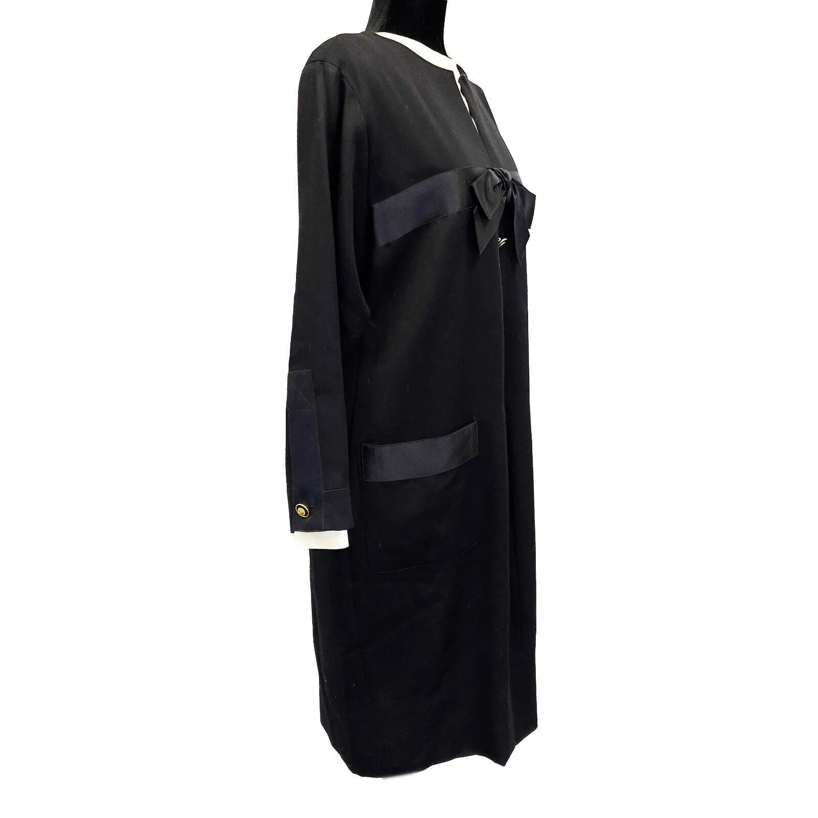 CHANEL - Vintage Satin Layer Trim Bow Shift Wool Dress - Black - FR 40 / US 8