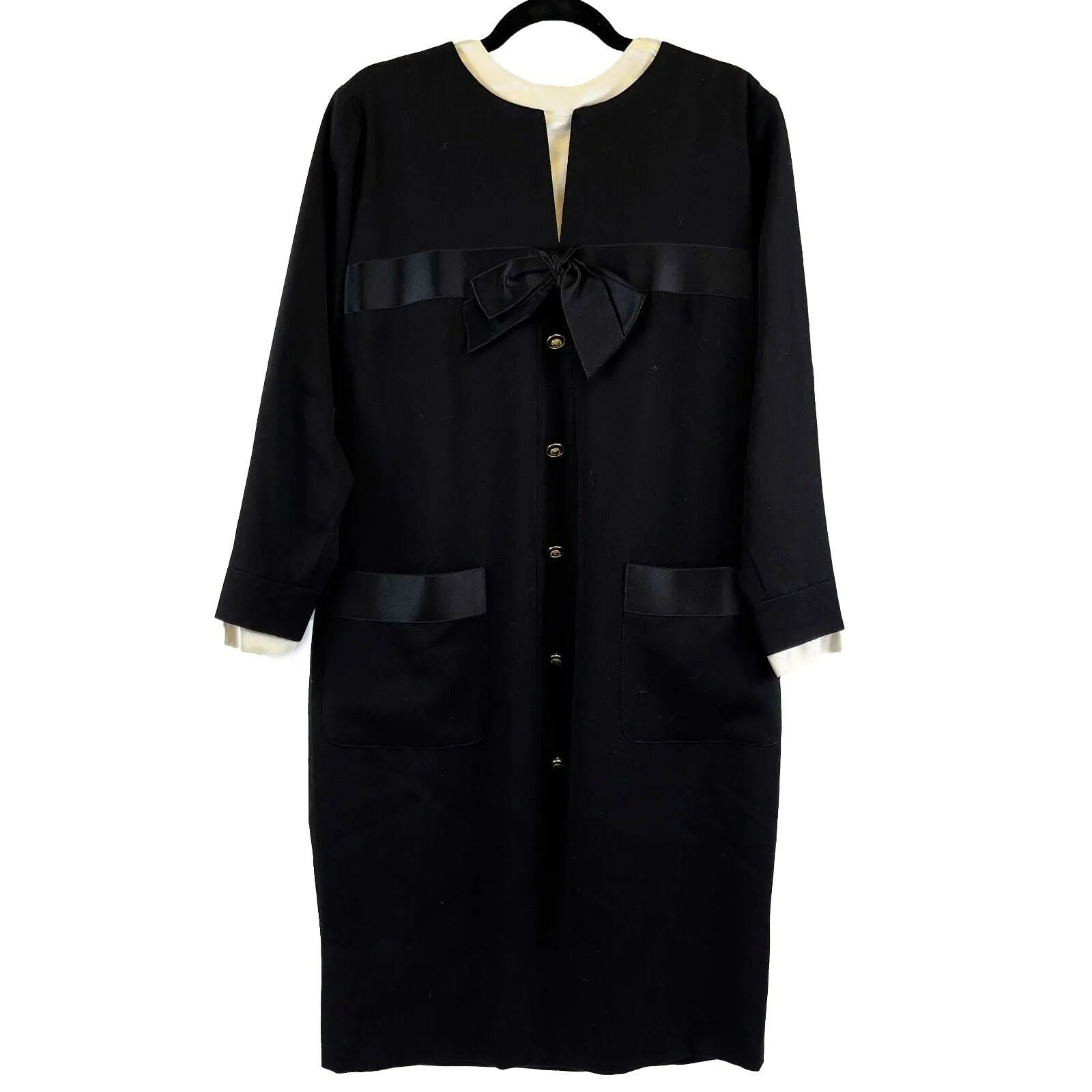 CHANEL - Vintage Satin Layer Trim Bow Shift Wool Dress - Black - FR 40 / US 8