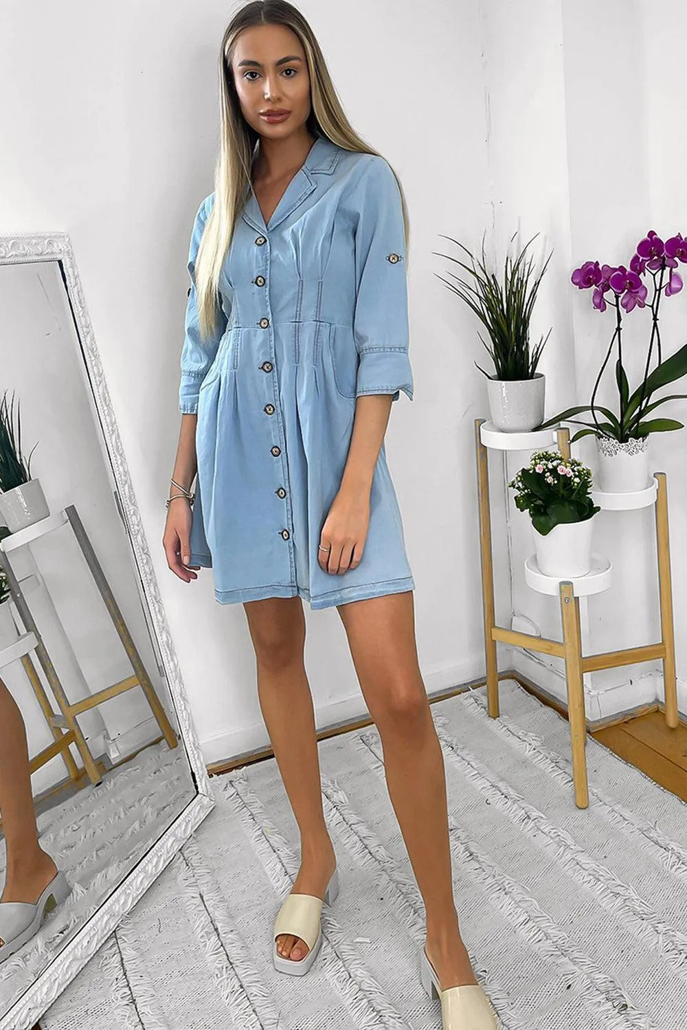 Cinched Waist Denim Shirt Dress