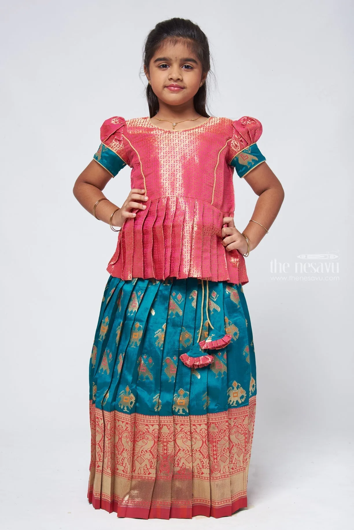 Classic Pattu Langa Silk Peplum Green Blouse with Traditional Pavadai Sattai - Festive Delight