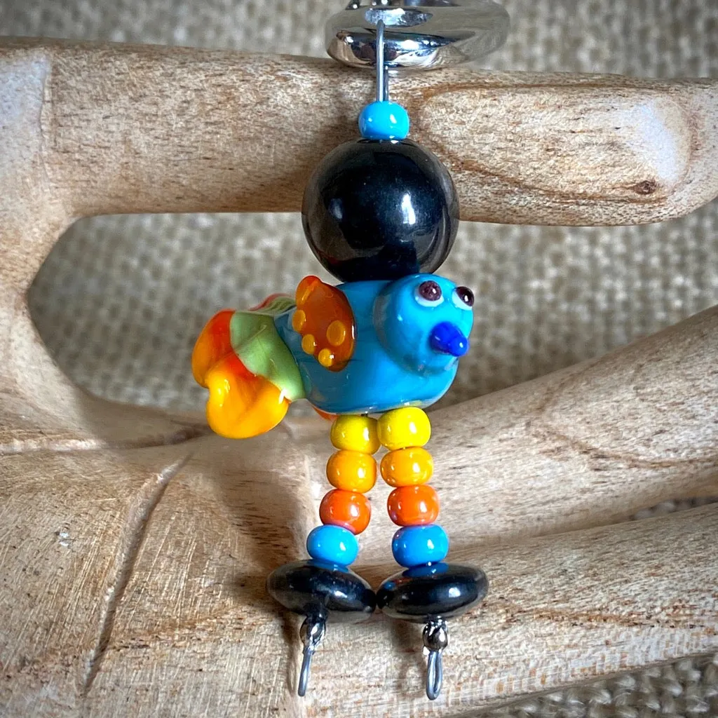 Colorful Shungite Bird Clip-on, Blue & Yellow, Artisan Lampwork Glass