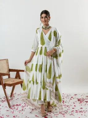 Cotton Anarkali White Green Salwar Suit