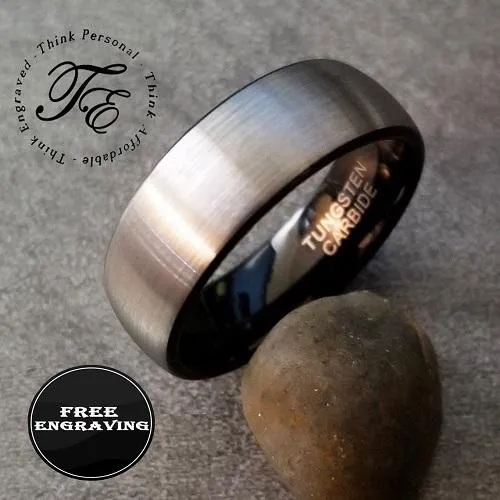 Custom Engraved Men's Tungsten Brushed Steel Wedding Ring - Personalized Handwriting