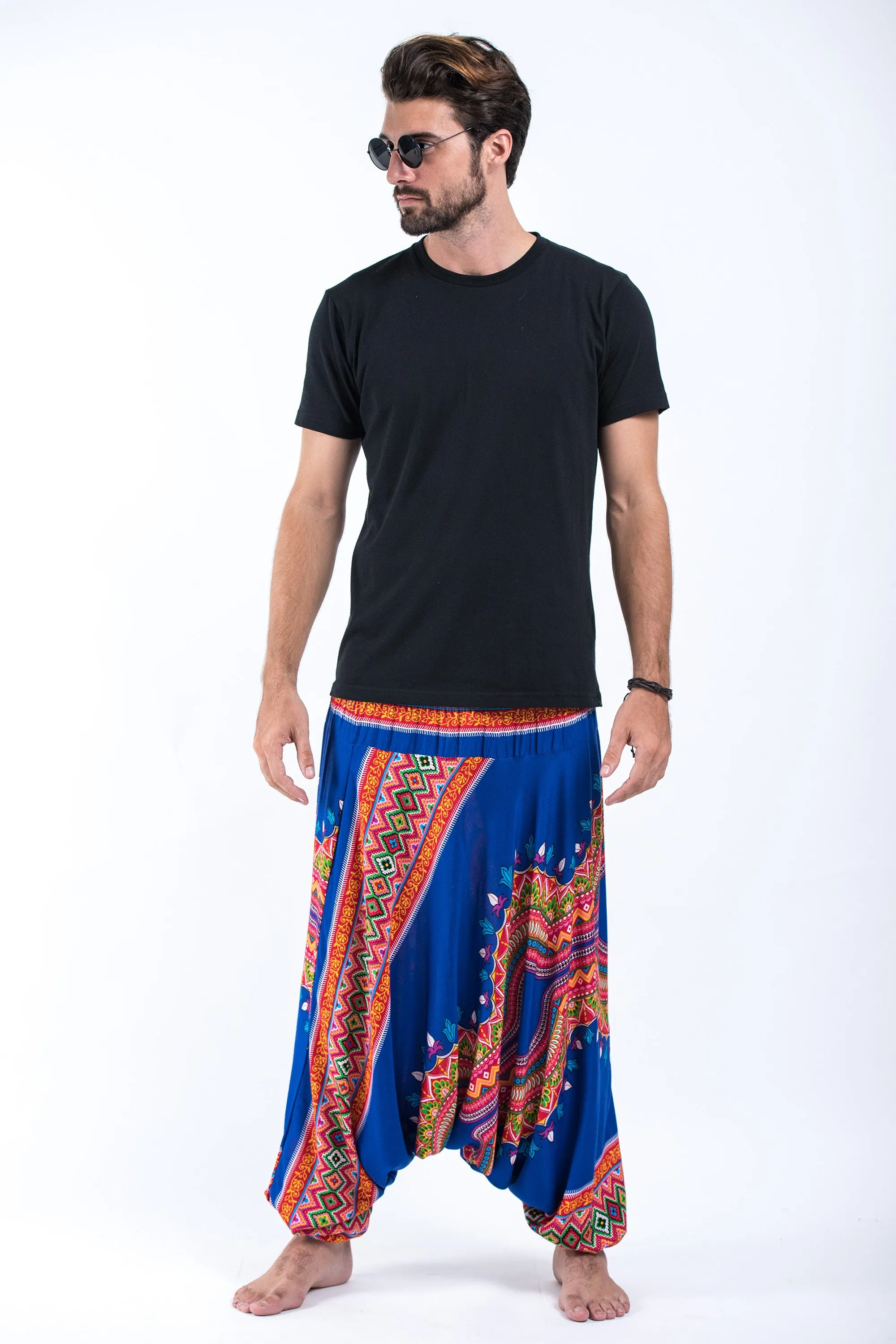 Dashiki Prints Drop Crotch Men's Harem Pants in Blue