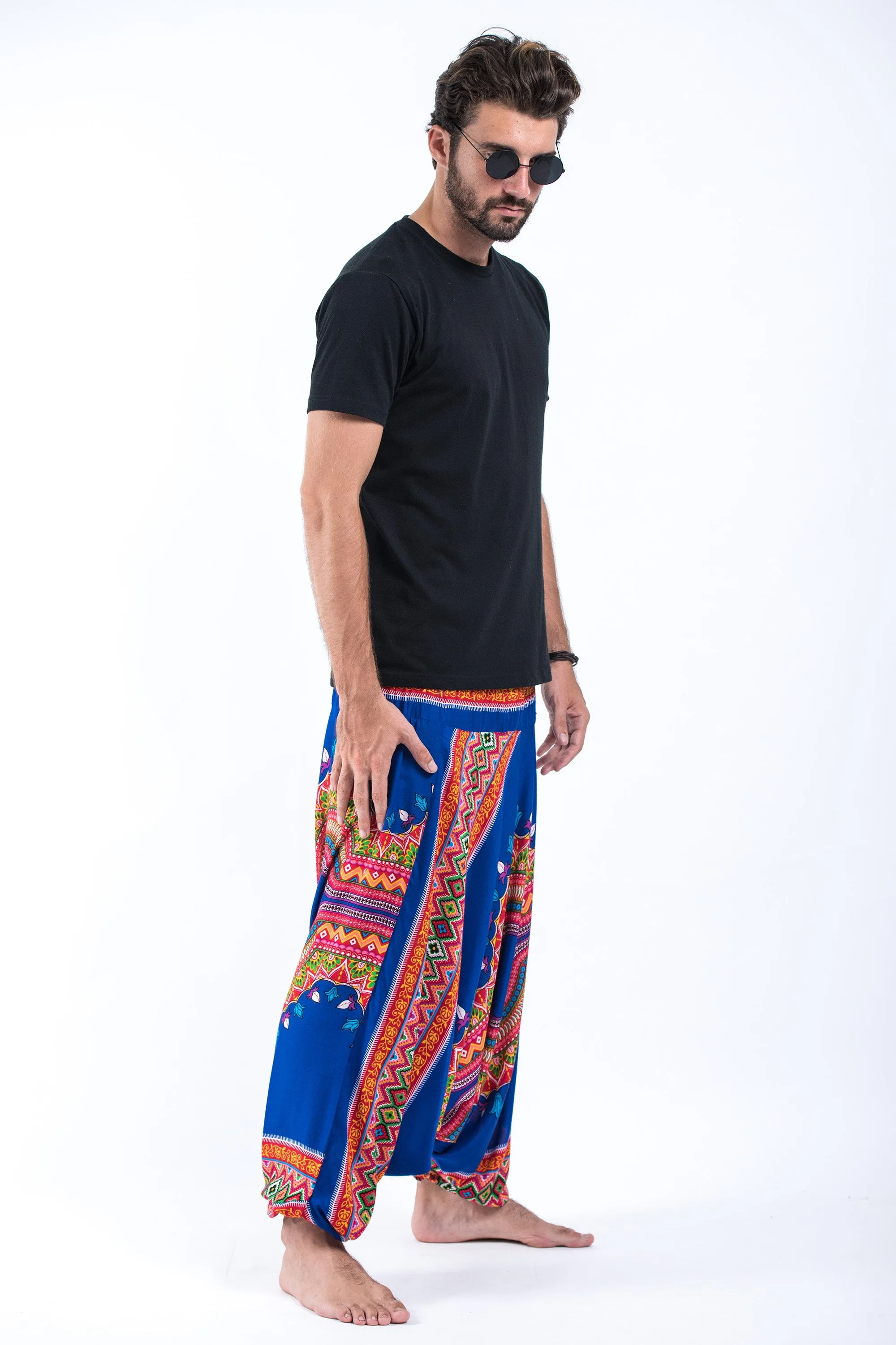 Dashiki Prints Drop Crotch Men's Harem Pants in Blue