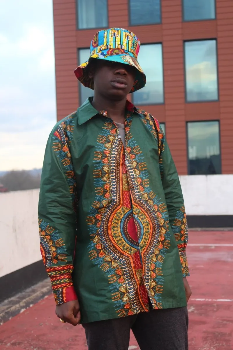 Dashiki Shirt in Green Print - Festival Clothing