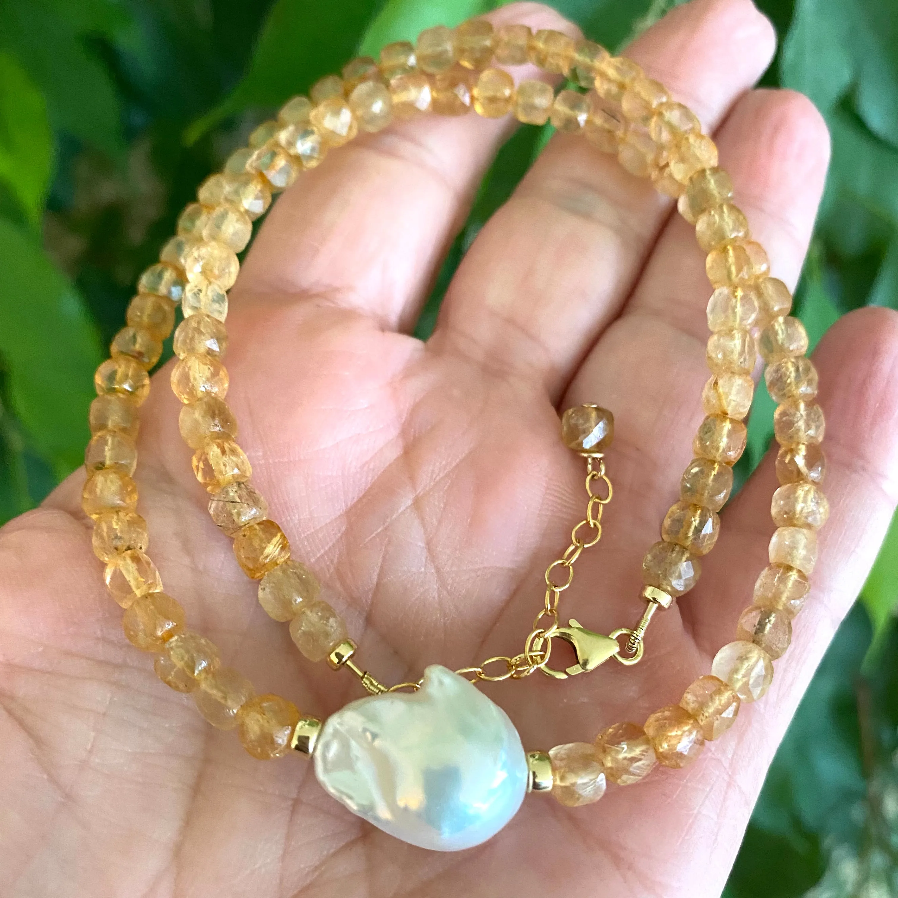 Deep Yellow Citrine Choker Necklace with White Baroque Pearl, 16 inches, November Birthstone