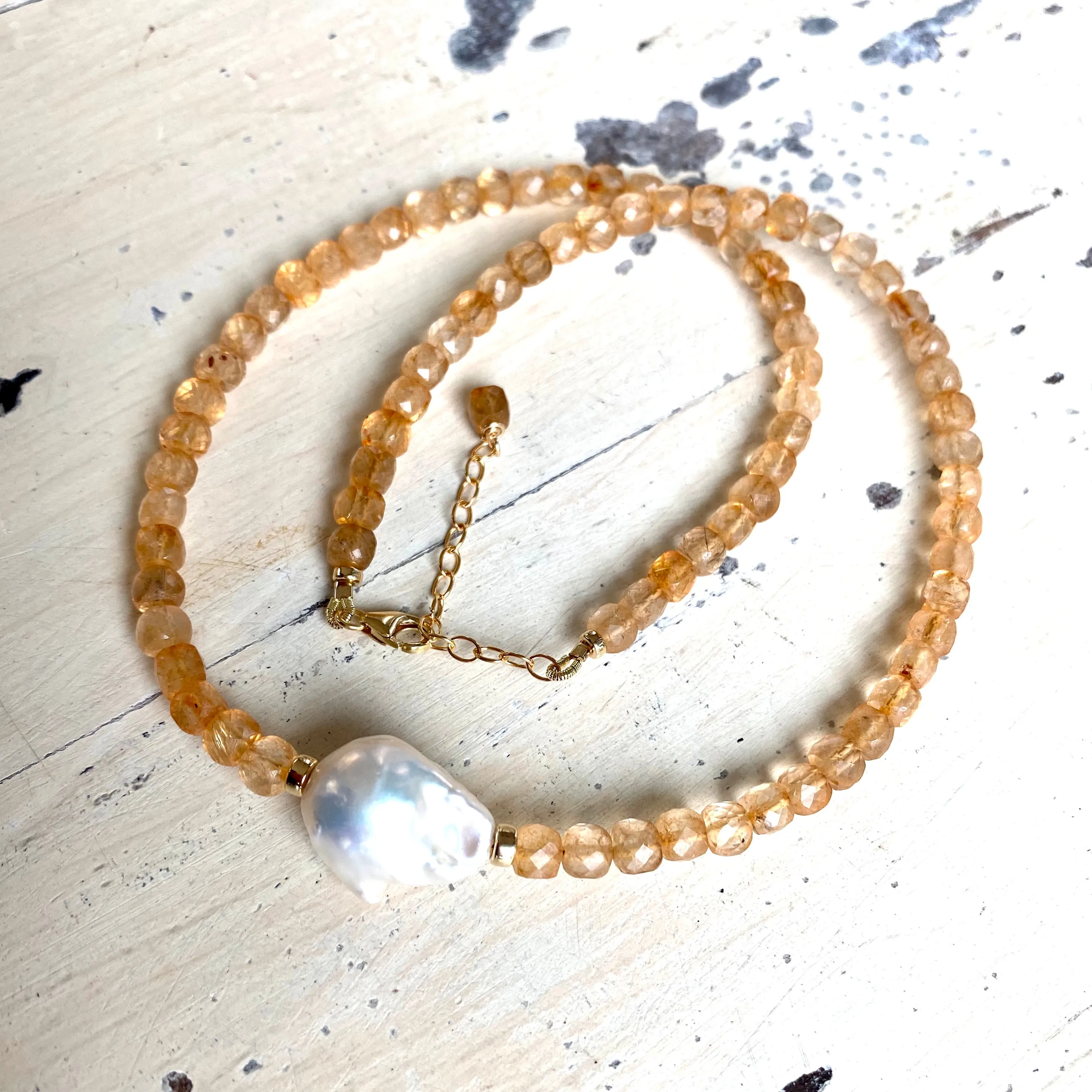 Deep Yellow Citrine Choker Necklace with White Baroque Pearl, 16 inches, November Birthstone