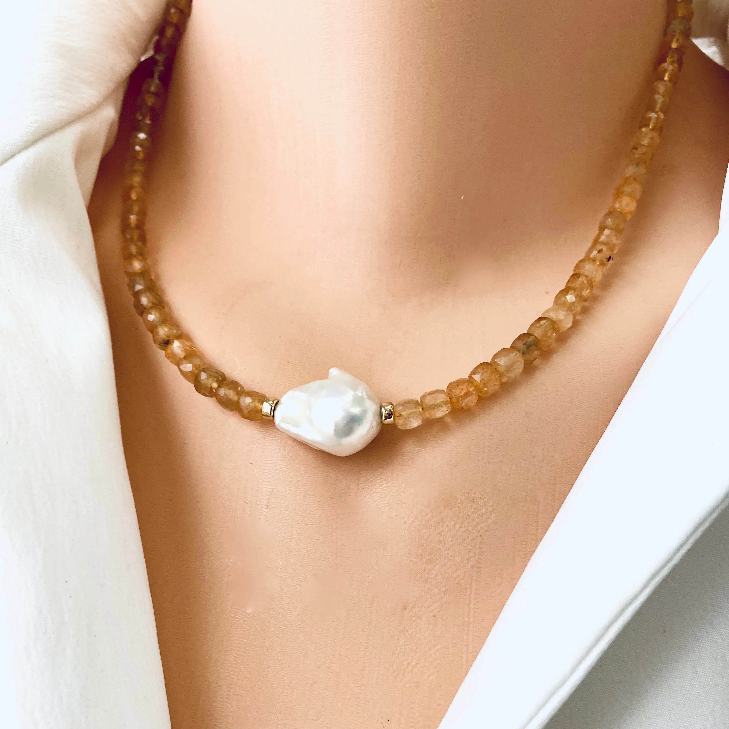 Deep Yellow Citrine Choker Necklace with White Baroque Pearl, 16 inches, November Birthstone