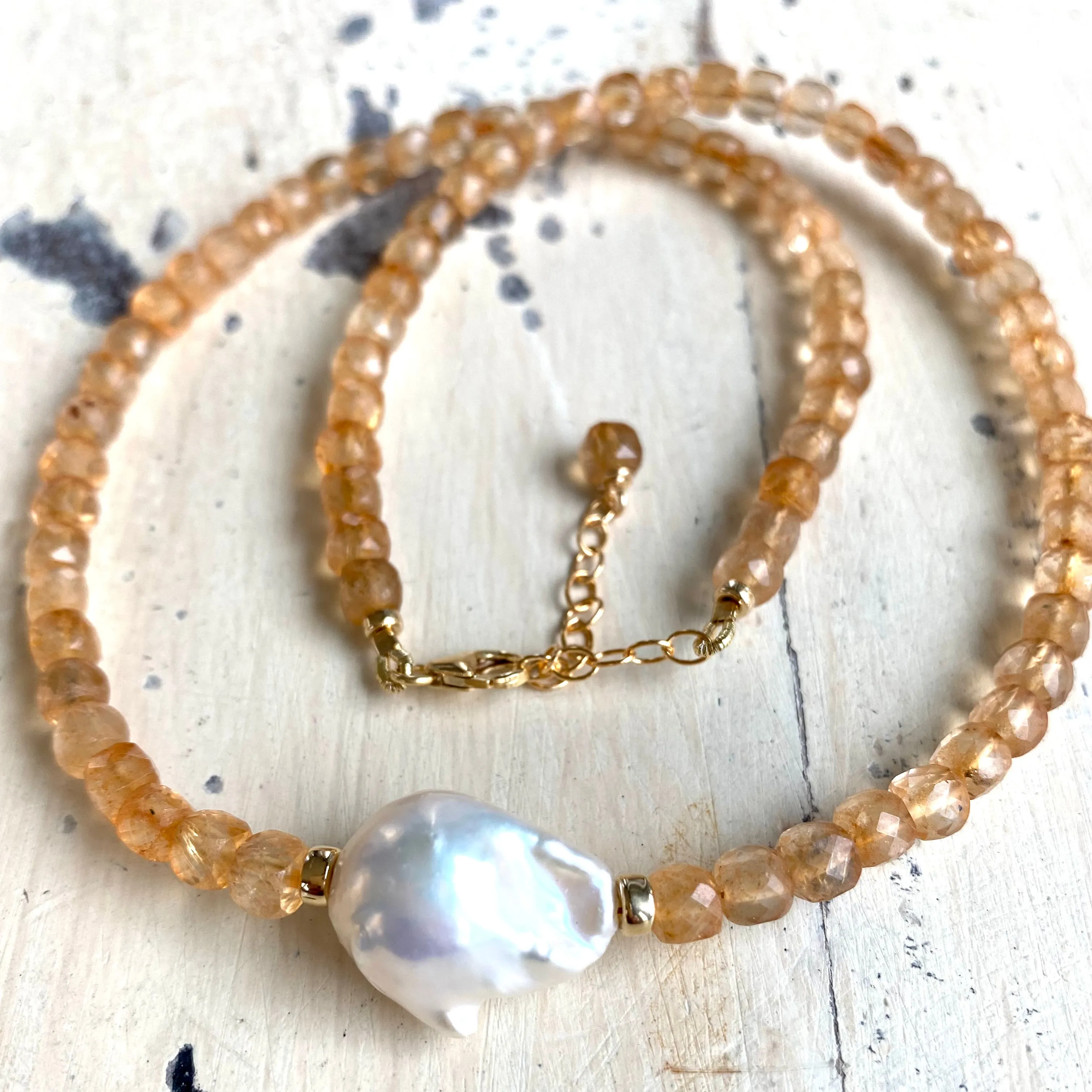 Deep Yellow Citrine Choker Necklace with White Baroque Pearl, 16 inches, November Birthstone