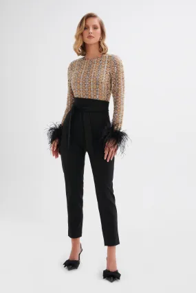 DELIA Embellished Feather Cuff Jumpsuit In Black