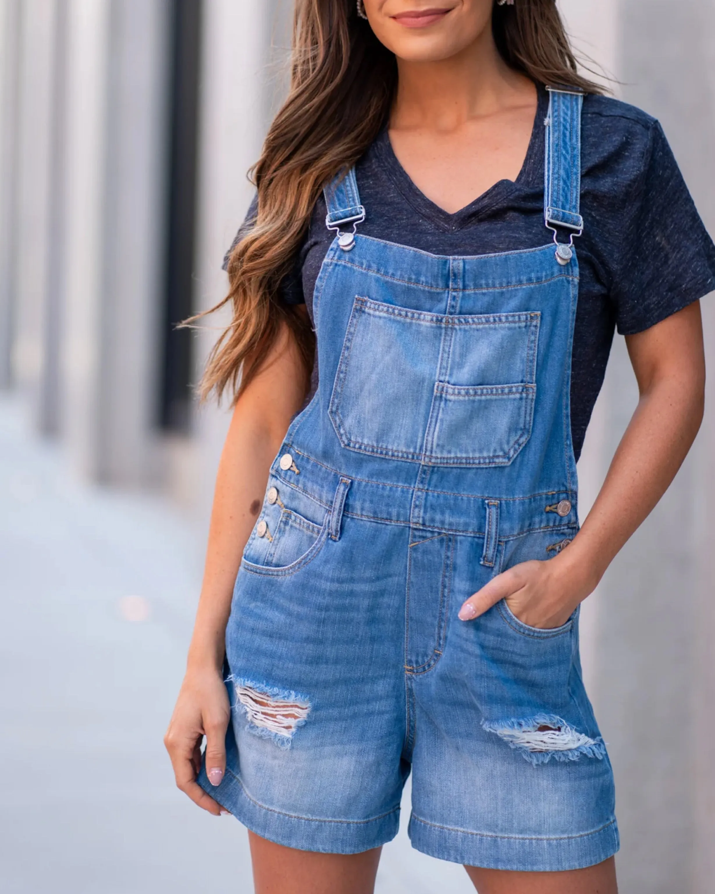 Denim Distressed Overall Shorts