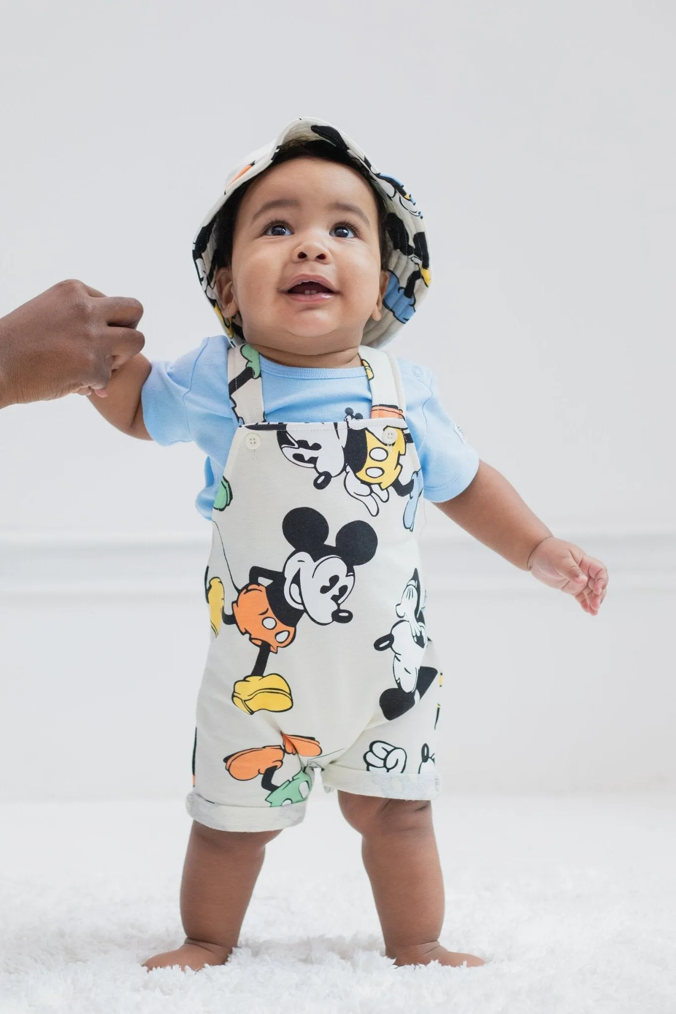 Disney Mickey Mouse French Terry Short Overalls T-Shirt and Hat 3 Piece Outfit Set