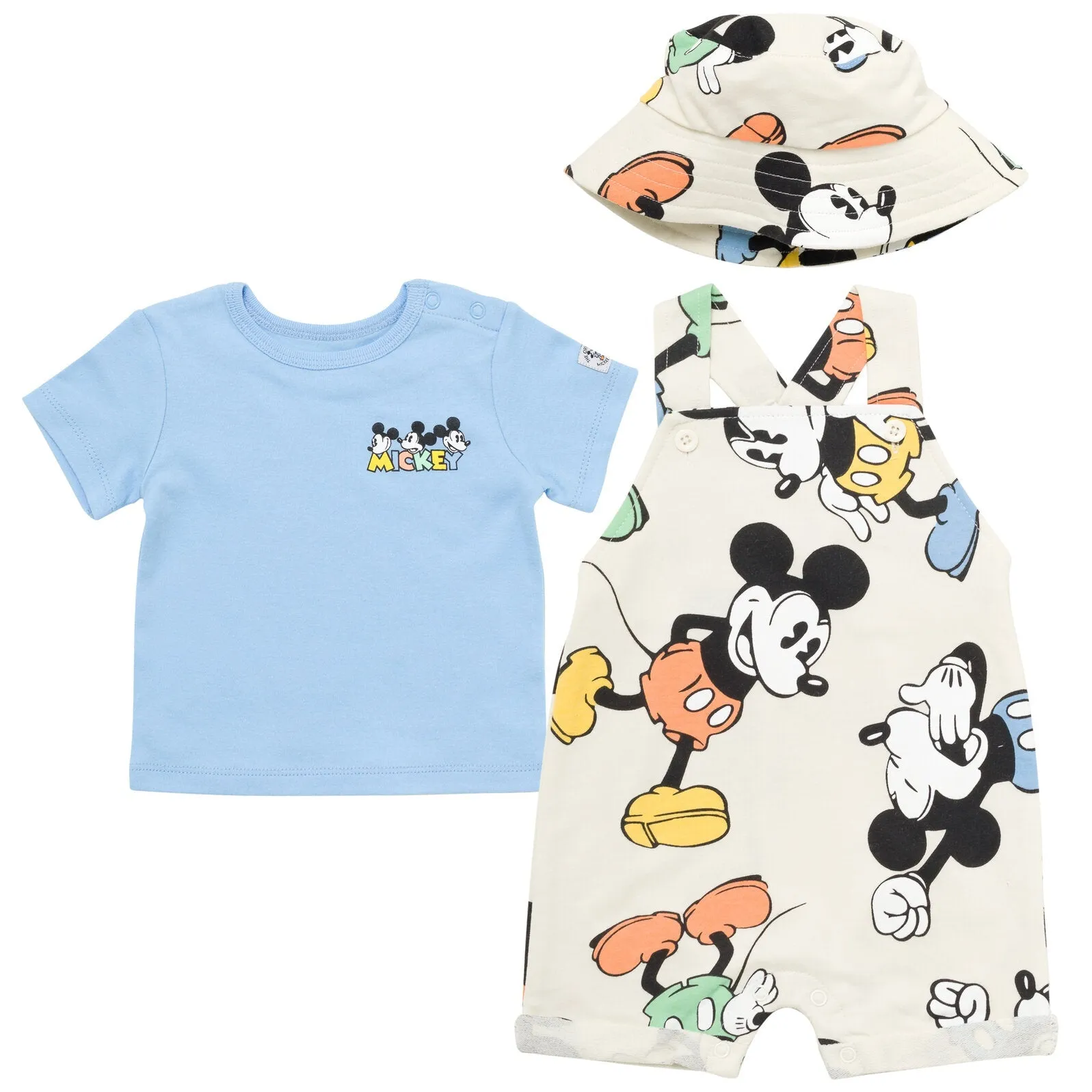 Disney Mickey Mouse French Terry Short Overalls T-Shirt and Hat 3 Piece Outfit Set