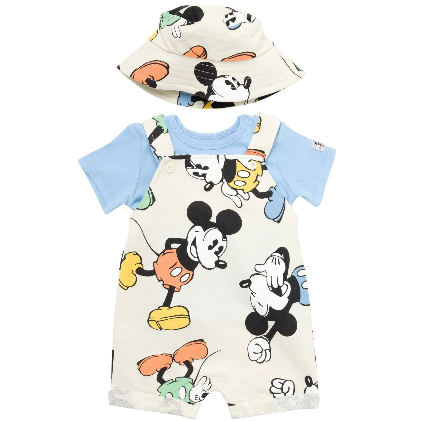 Disney Mickey Mouse French Terry Short Overalls T-Shirt and Hat 3 Piece Outfit Set