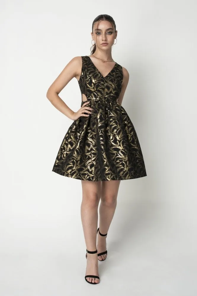 Double Second Gold Jacquard Cut Out Skater Dress