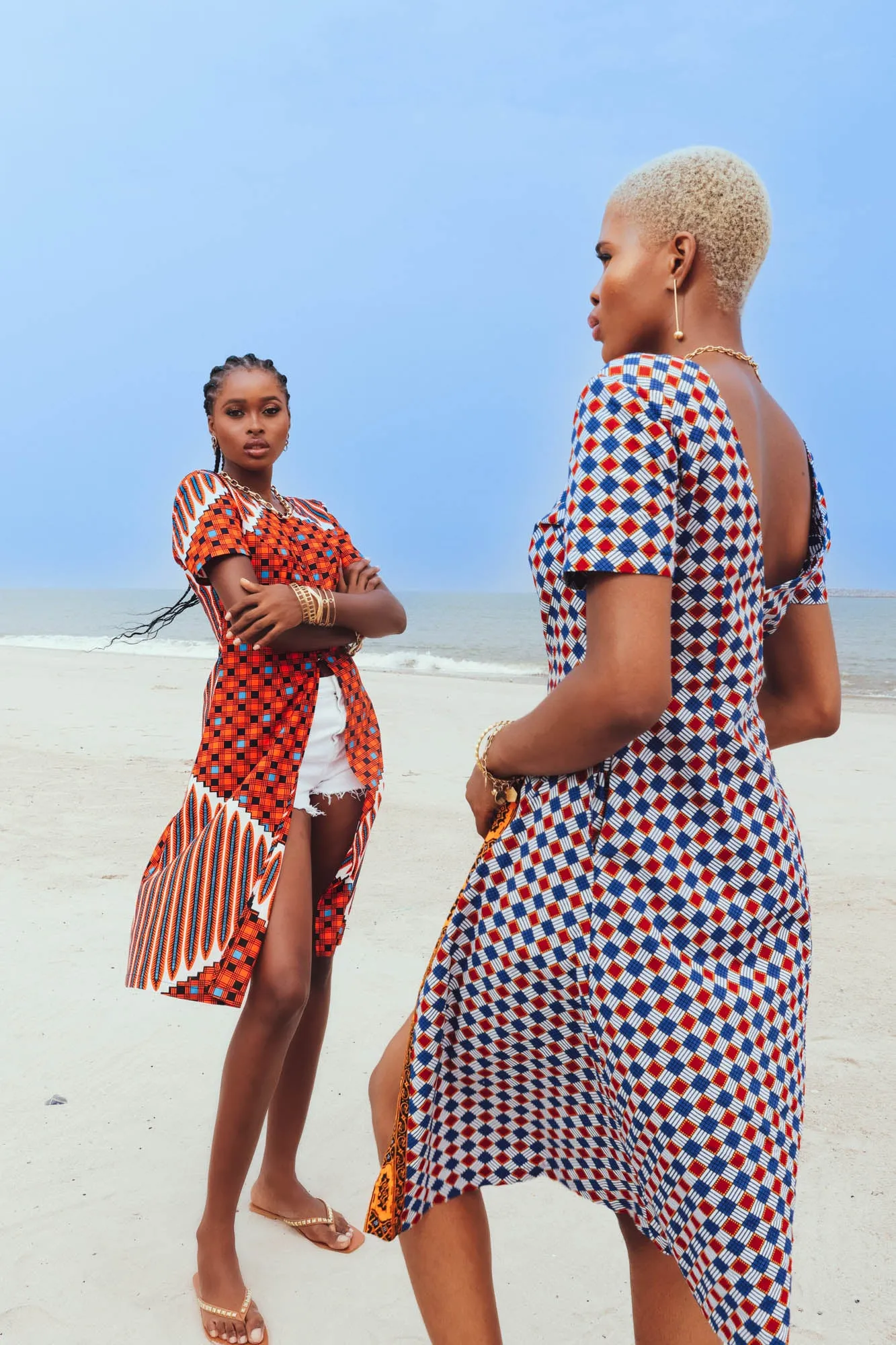 Emeli Button Front Long Top with Low-cut Back - Red Blue and White Sugar Cube African Ankara Wax Cotton Print