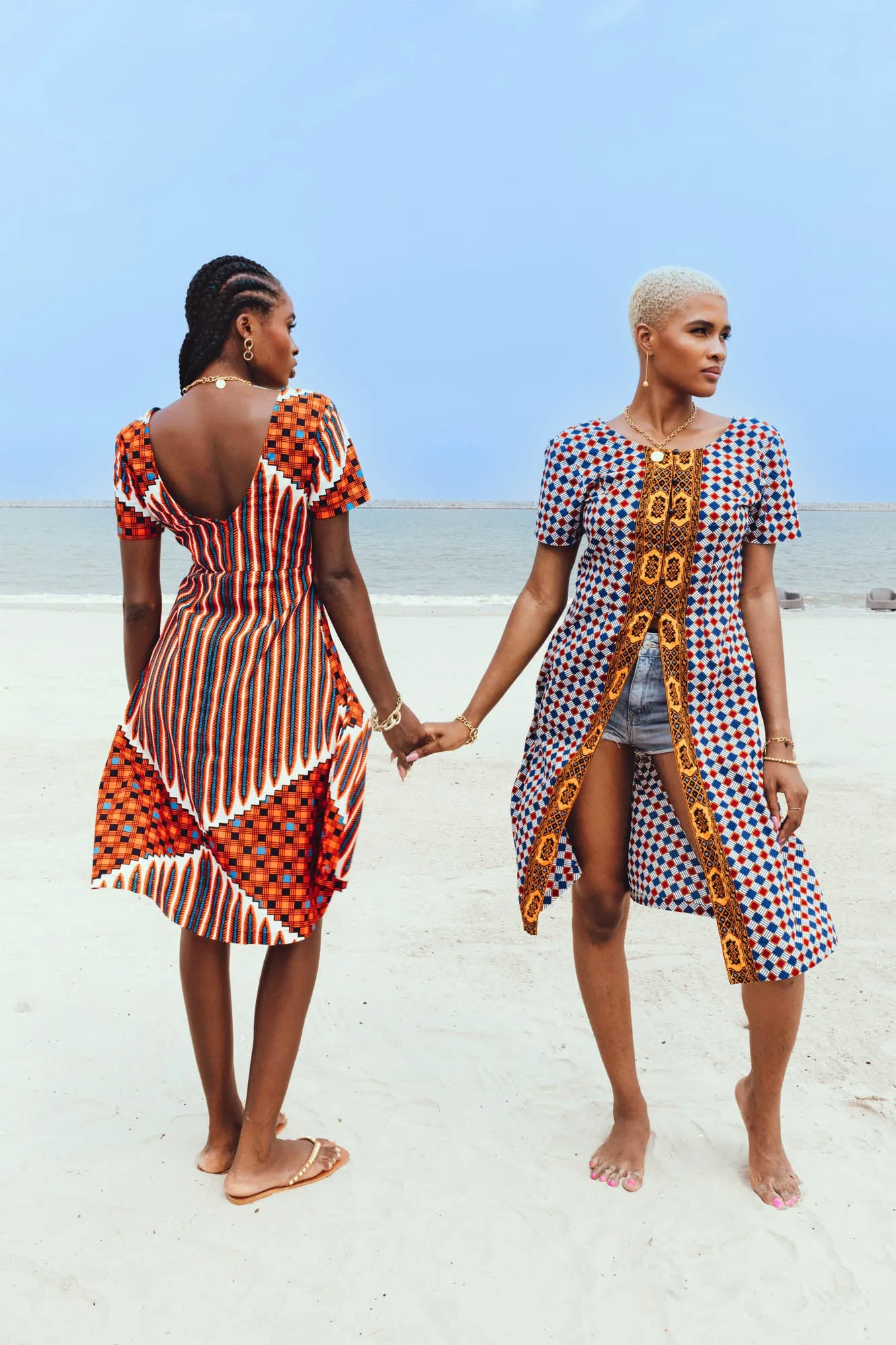 Emeli Button Front Long Top with Low-cut Back - Red Blue and White Sugar Cube African Ankara Wax Cotton Print