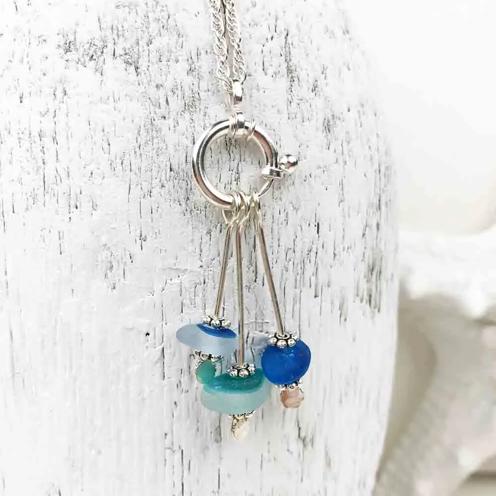 English Multi Turquoise, Cobalt, and Teal Sea Glass Sea Spray Necklace | #1027