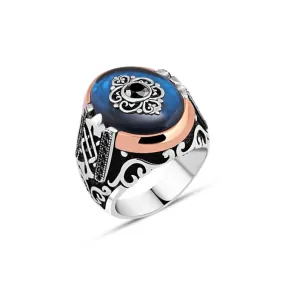 Eye Figure on Blue Ellipse Synthetic Amber Stone Silver Men's Ring Siding Zircons and Braid Pattern