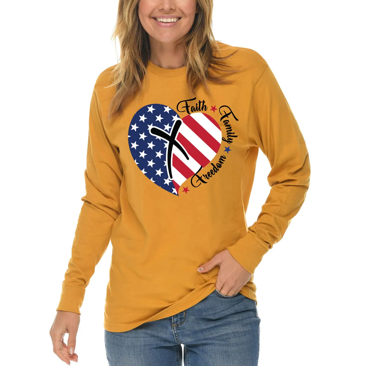 Faith Family Freedom American Flag Heart Long Sleeve T Shirt