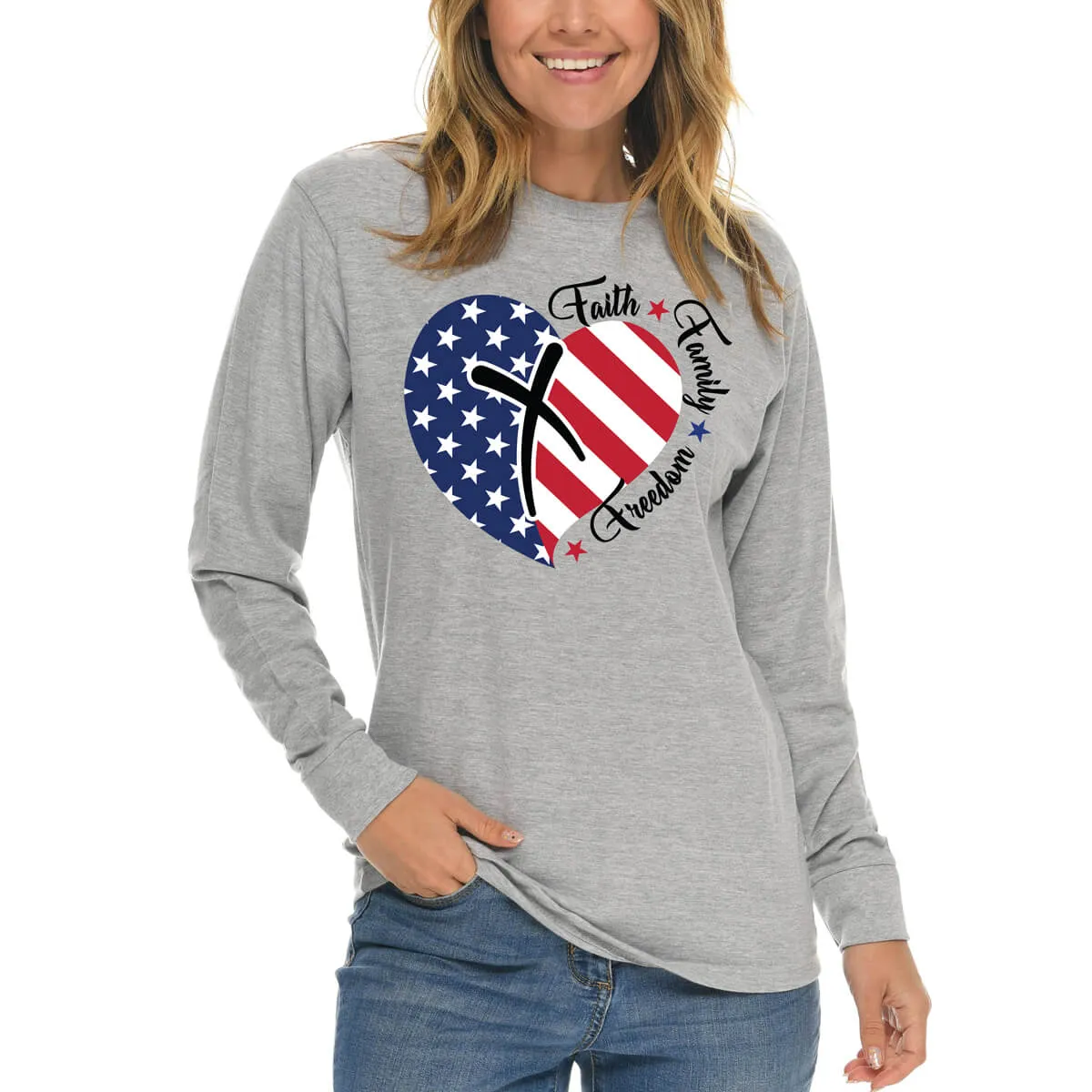 Faith Family Freedom American Flag Heart Long Sleeve T Shirt