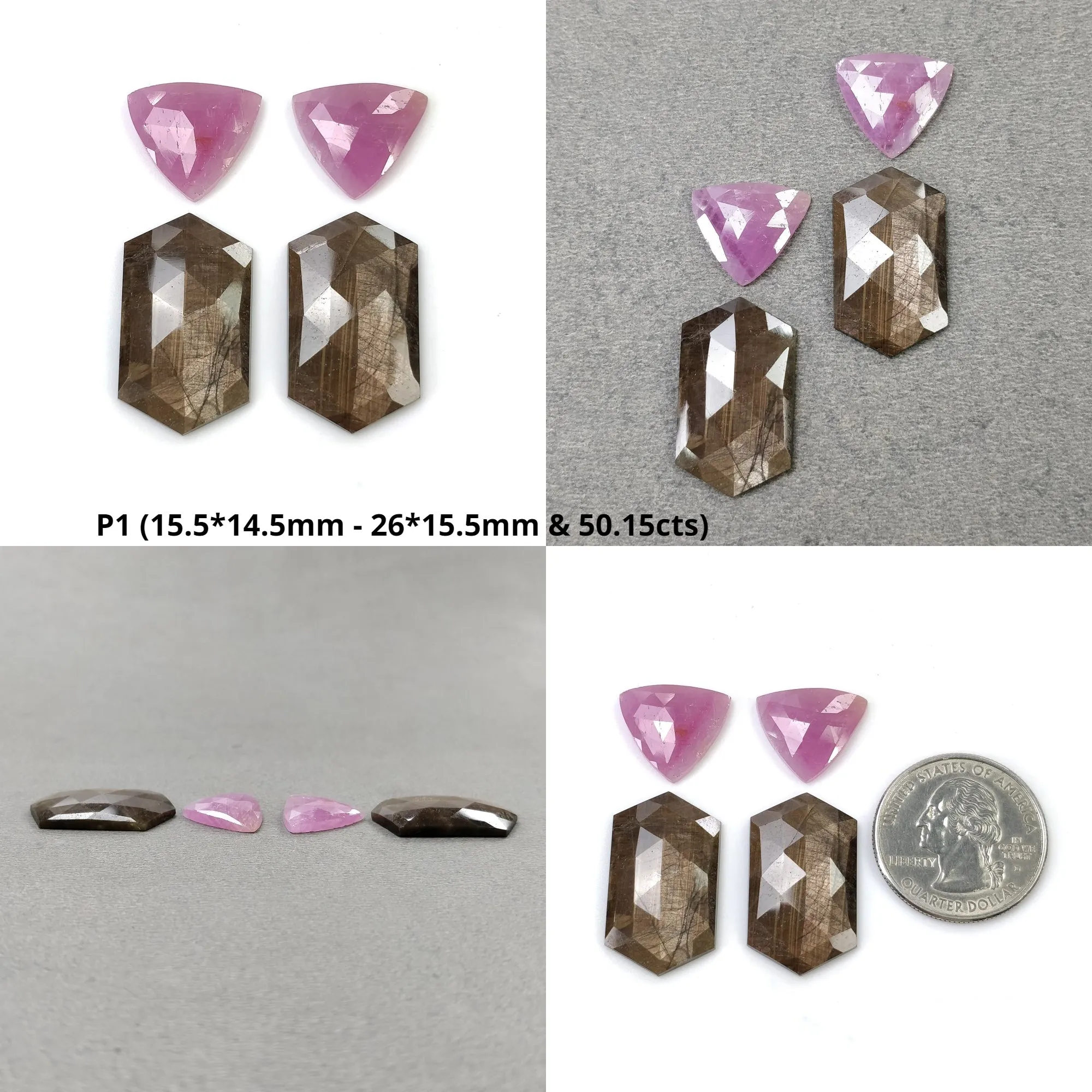 Golden Brown CHOCOLATE And PINK SAPPHIRE Gemstone Rose Cut : Natural Untreated Hexagon Triangle Uneven Round Pear Shape 4pcs