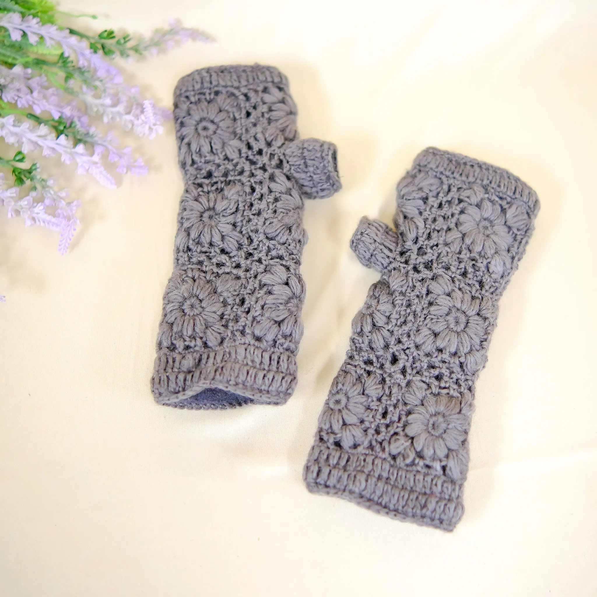 Hand Knit Crocheted Fleece Lined Hand Warmers