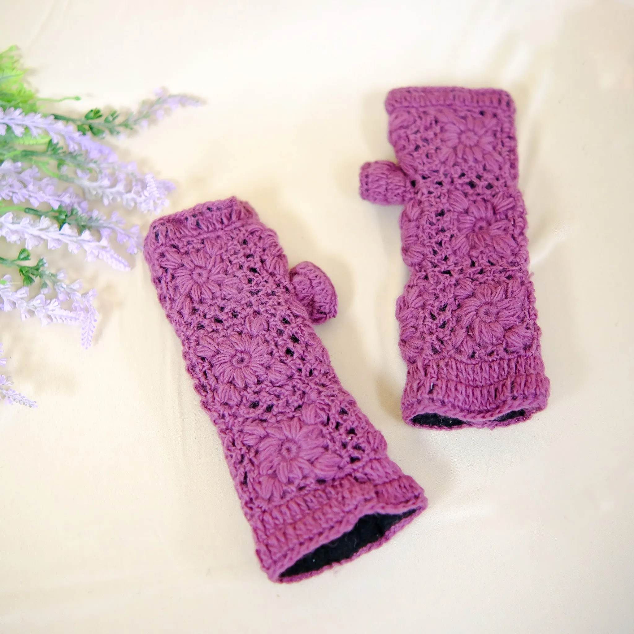 Hand Knit Crocheted Fleece Lined Hand Warmers