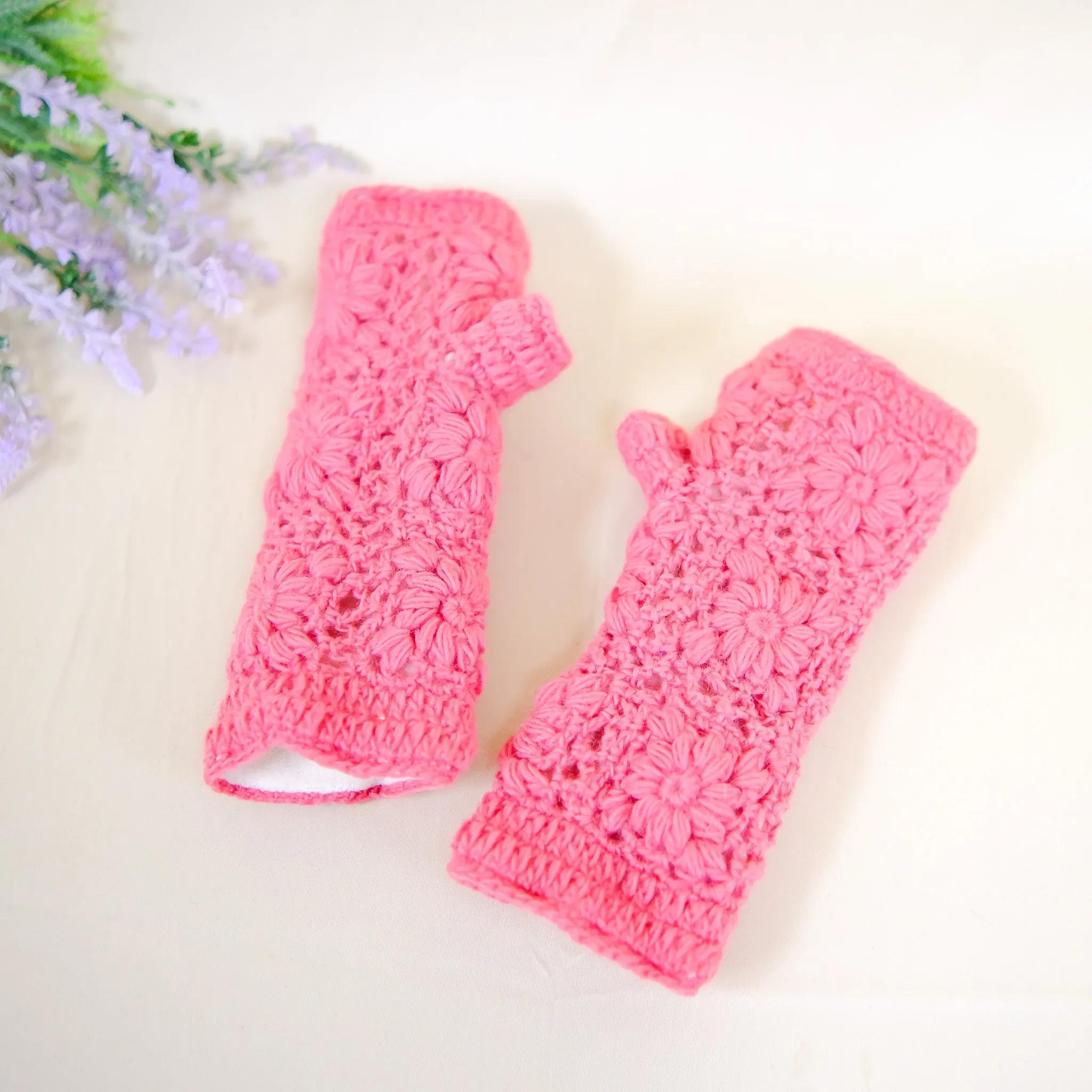 Hand Knit Crocheted Fleece Lined Hand Warmers