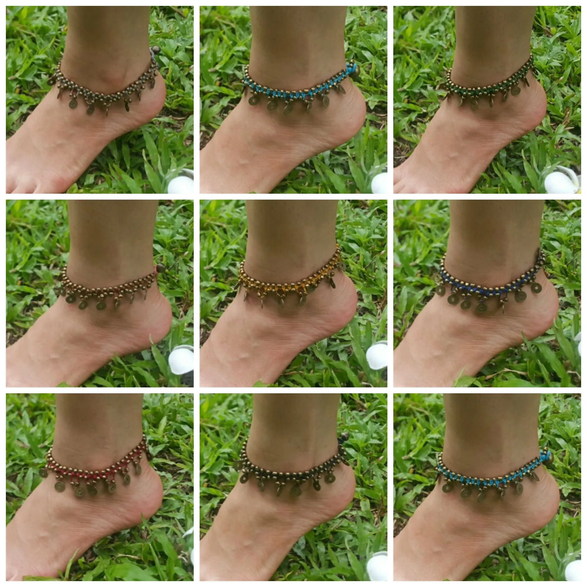 Hand Made Fair Trade Anklet Double Strand Brass Coins Blue