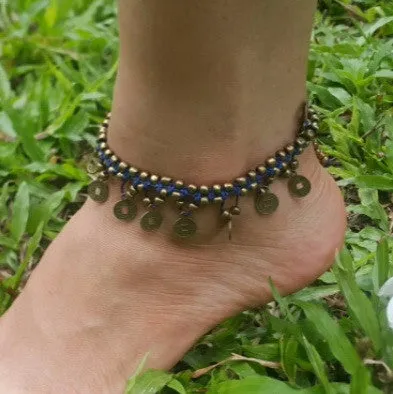 Hand Made Fair Trade Anklet Double Strand Brass Coins Blue