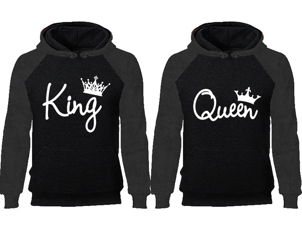 King and Queen Couple Matching Raglan Hoodies, King Queen Contrast Hoodies