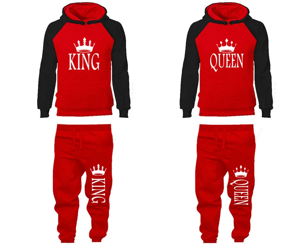 King Queen Couple Matching Top Bottom Set Raglan Hoodies and Jogger Pants