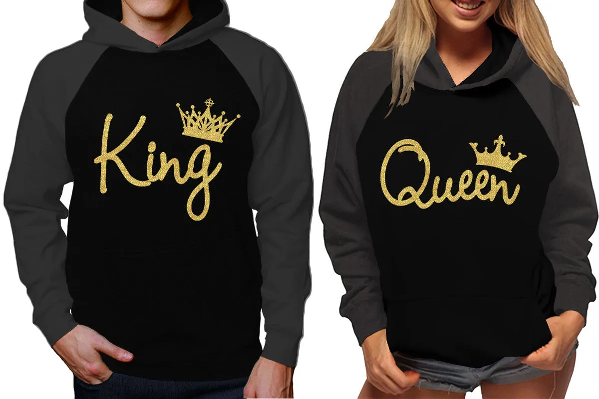 King Queen Couple Raglan Hoodies, Charcoal Black Contast Hoodies