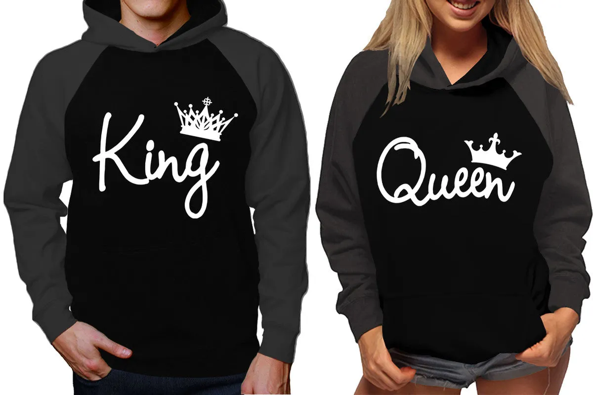 King Queen Couple Raglan Hoodies, Charcoal Black Contast Hoodies