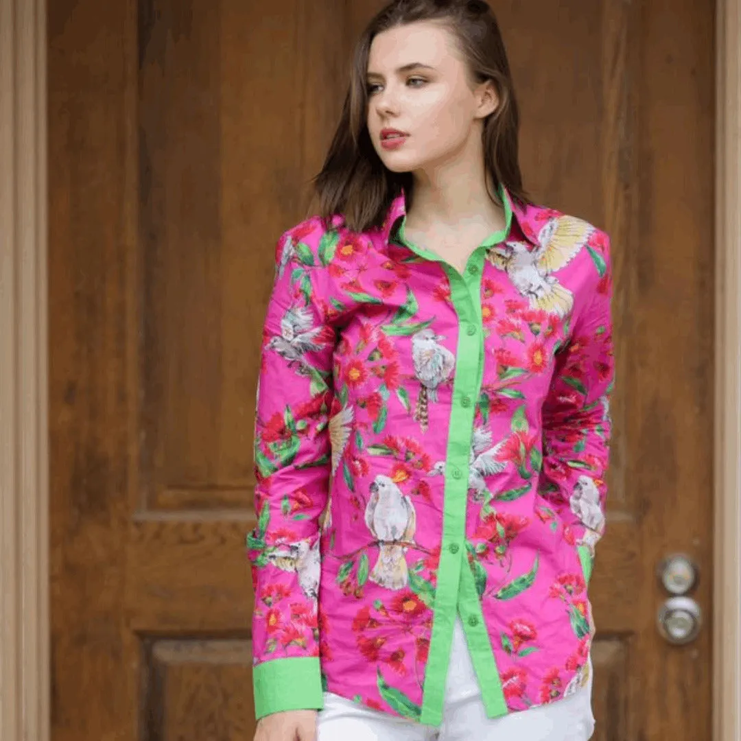 Ladies Country Cotton LS Shirt Button through with Native Fushia & Cockatoo Design