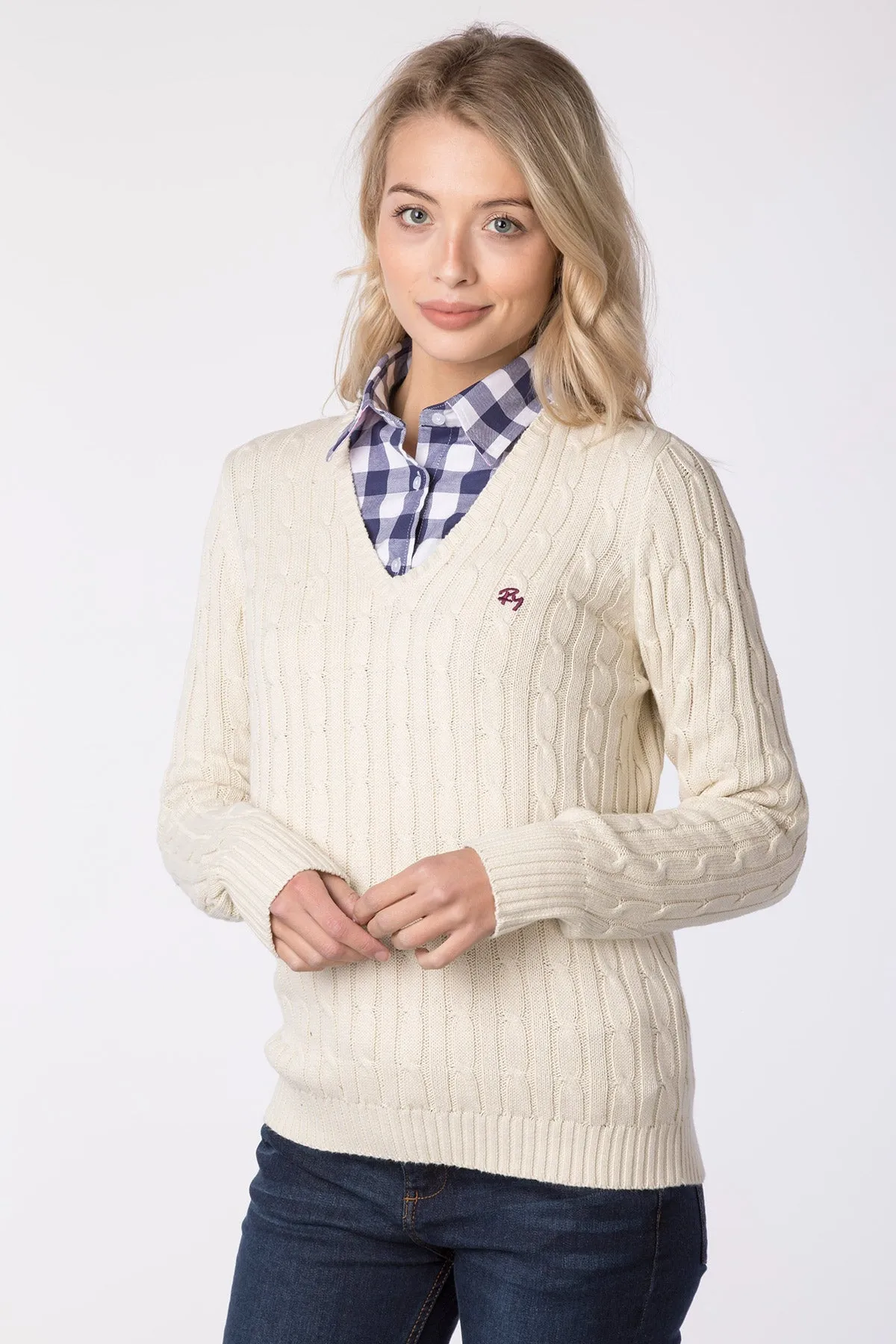 Ladies V Neck Cable Knit Jumper